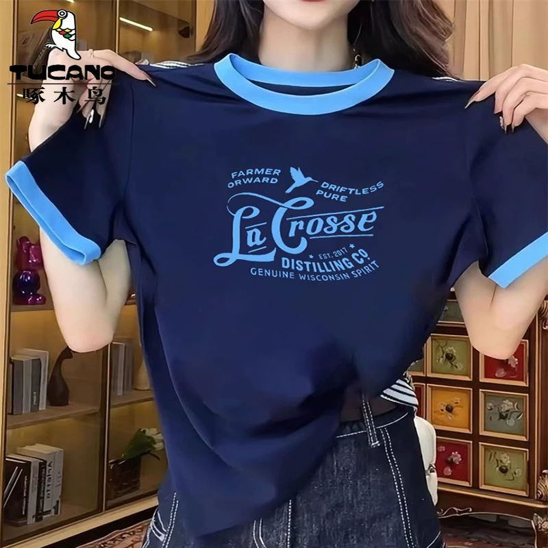 啄木鸟2025夏季新款时尚百搭简约休闲女T恤印花上衣洋气圆领短袖