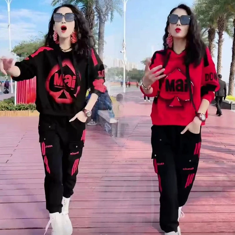 网红炸街休闲运动套装女2024年春秋新款时尚洋气连帽卫衣两件套