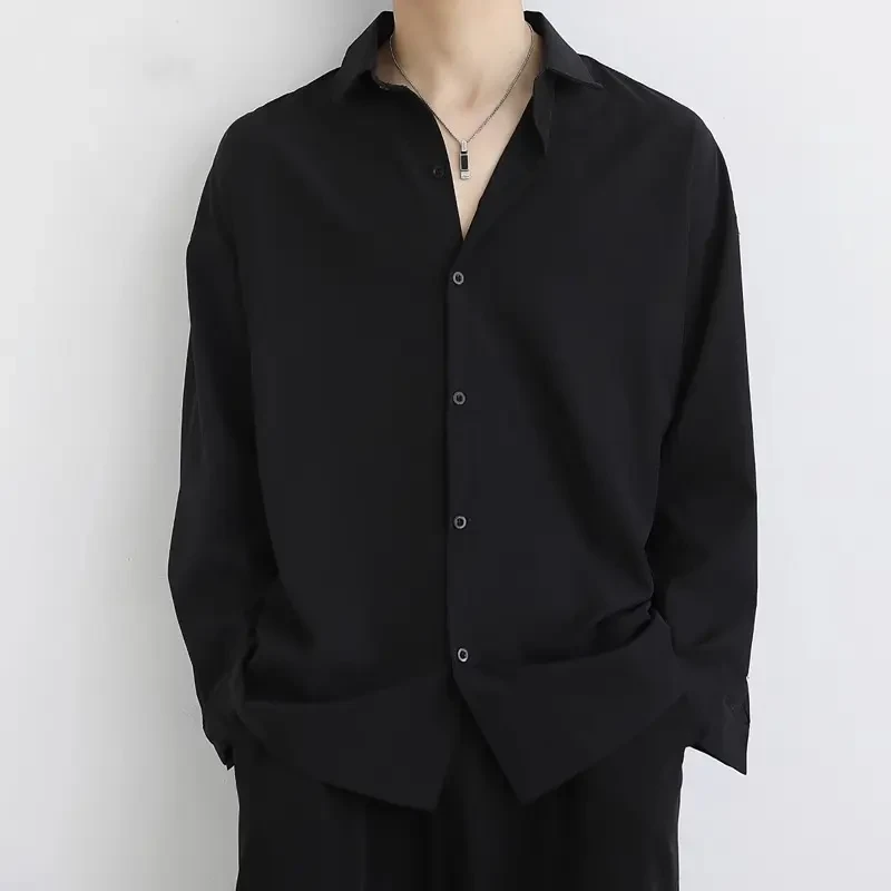 黑色衬衫男士长袖短袖宽松大码春秋季潮流休闲薄款冰丝衬衣男上衣