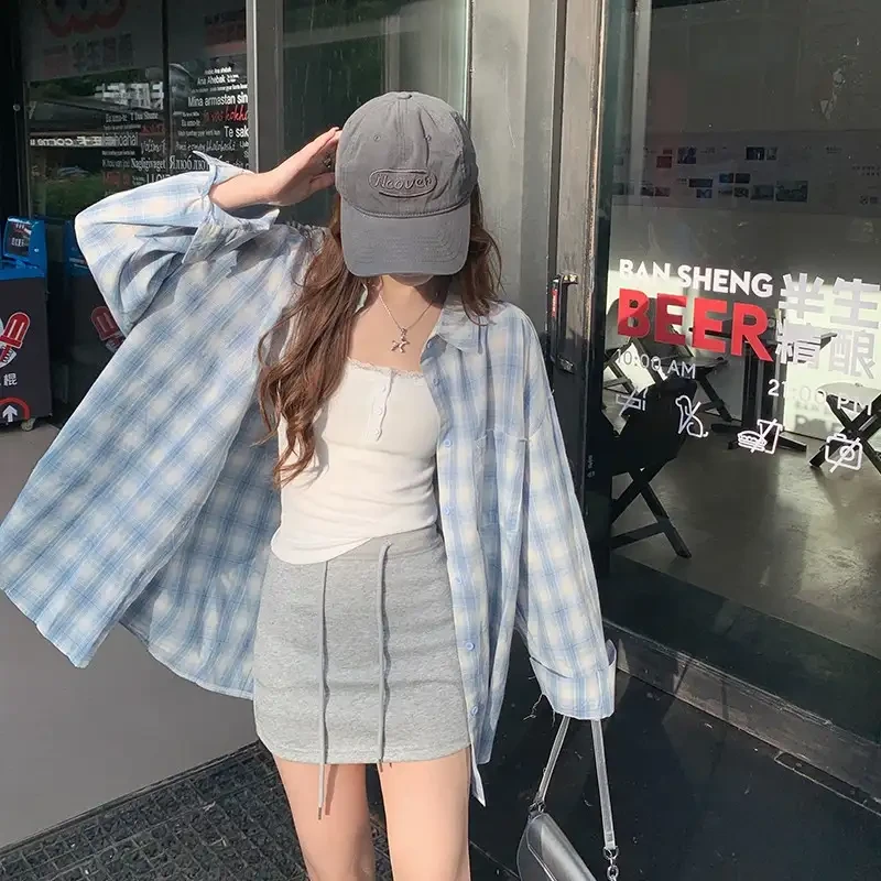 苏三三 蓝色格子衬衫女防晒外套2025新款设计感慵懒风衬衫上衣