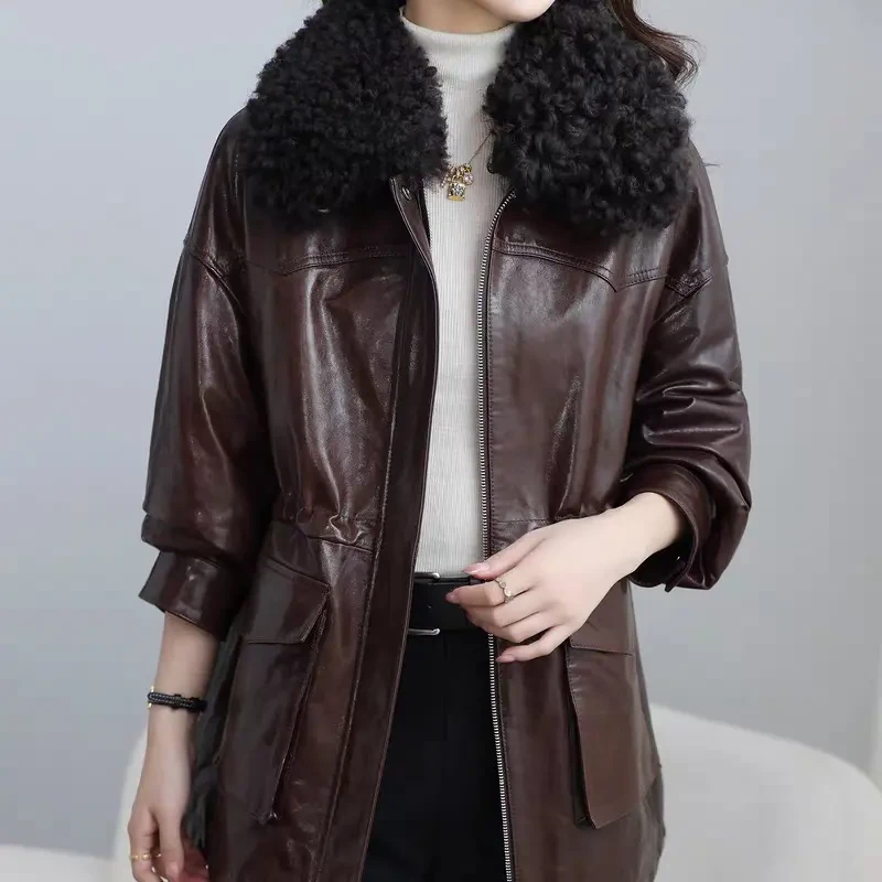 真皮绵油蜡皮羊羔毛领中长款收腰女士皮衣冬季外套