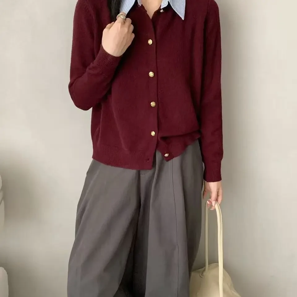 假两件款女拼接春秋季毛针织衫百搭翻领长袖宽松