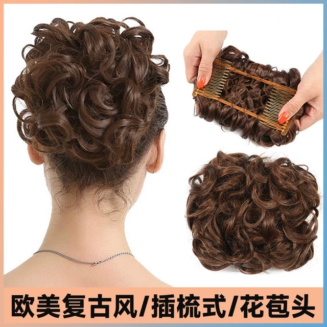 欧美复古风盘发丸子头假发圈女插梳式卷发包旗袍发型蓬松发髻假发