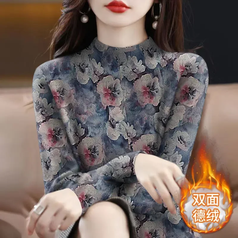 德绒保暖印花T恤女秋冬新款气质妈妈装宽松大码半高领套头打底衫