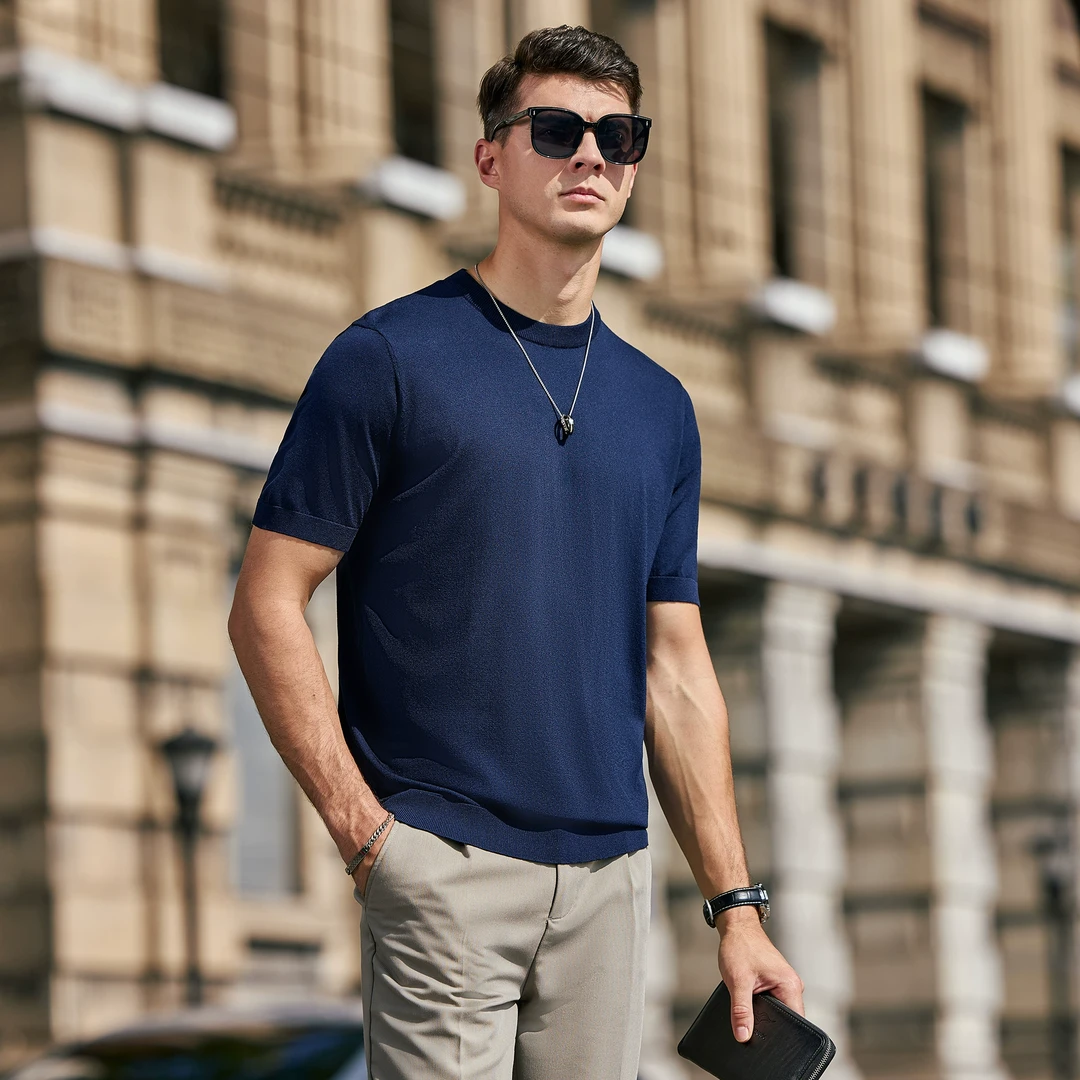 高端针织T恤短袖圆领打底衫男秋冬内搭2025春夏新款男生白色穿搭