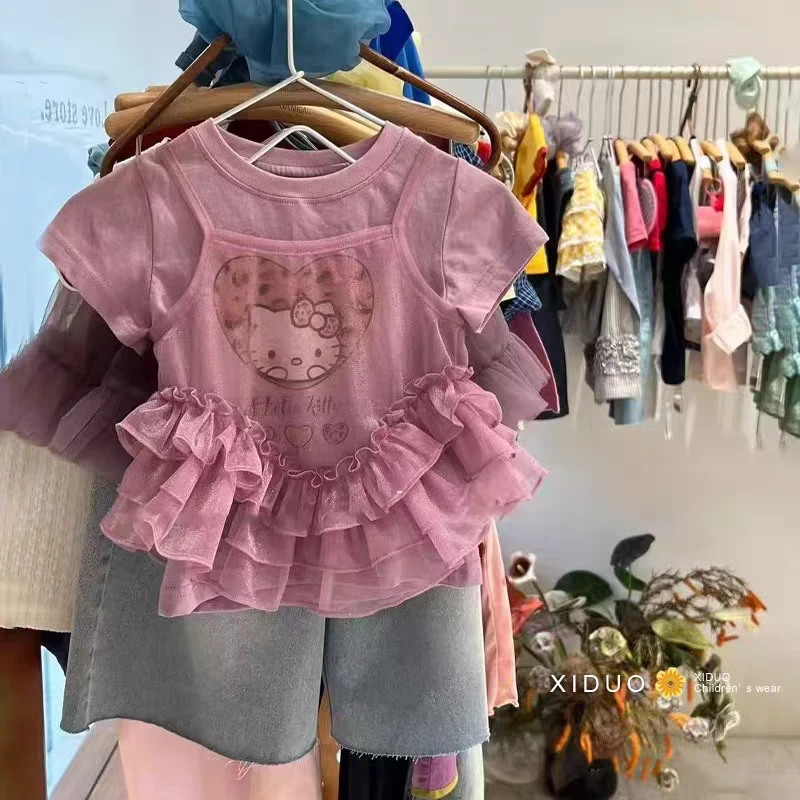 女童夏季假两件上衣儿童夏装新款KT宝宝蕾丝衣摆洋气百搭猫咪短袖
