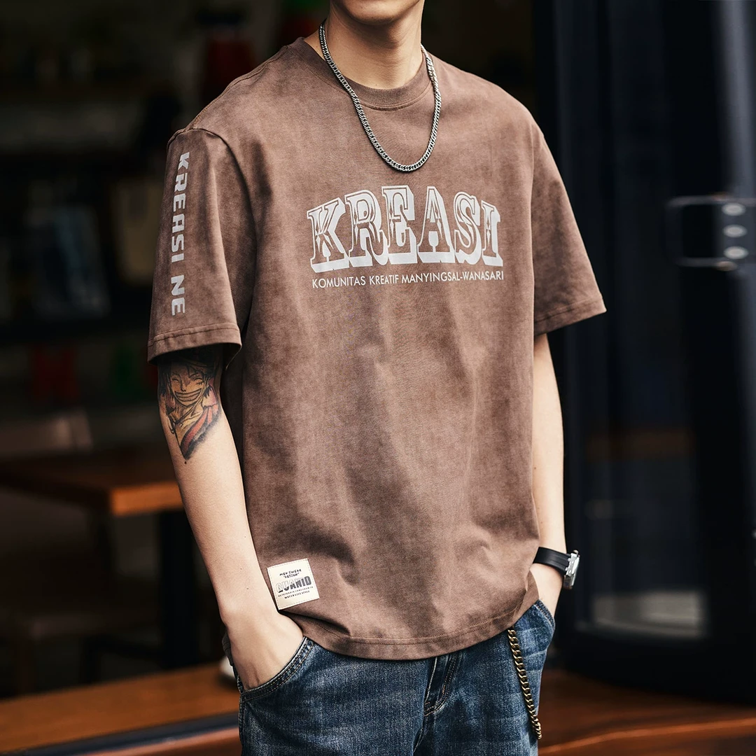 格蓝鹿高端夏季云染短袖T恤男宽松潮牌休闲复古印花字母圆领体恤