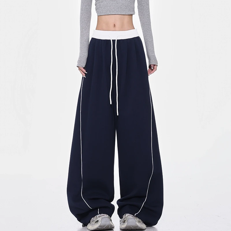 KEN STUDIO秋冬蓝色抽绳休闲运动裤女拼接宽松显瘦百搭阔腿拖地裤