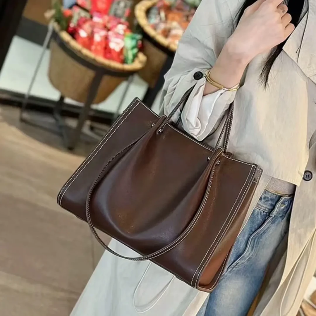 2024新款潮牛皮真皮托特包大容量手提包通勤春夏单肩包9009