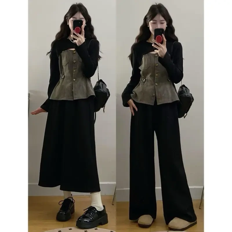 2025春季新款设计感收腰牛仔上衣半裙裤子两件套装