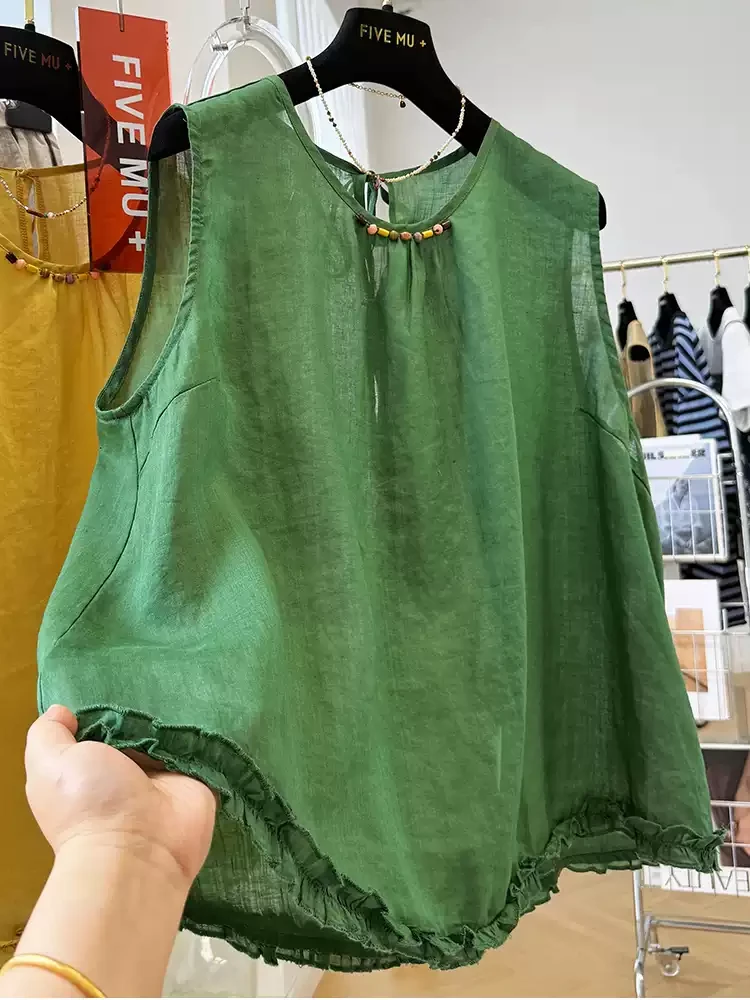 韩系木耳边巨好看的无袖上衣女夏季薄款高端外穿马甲背心小衫