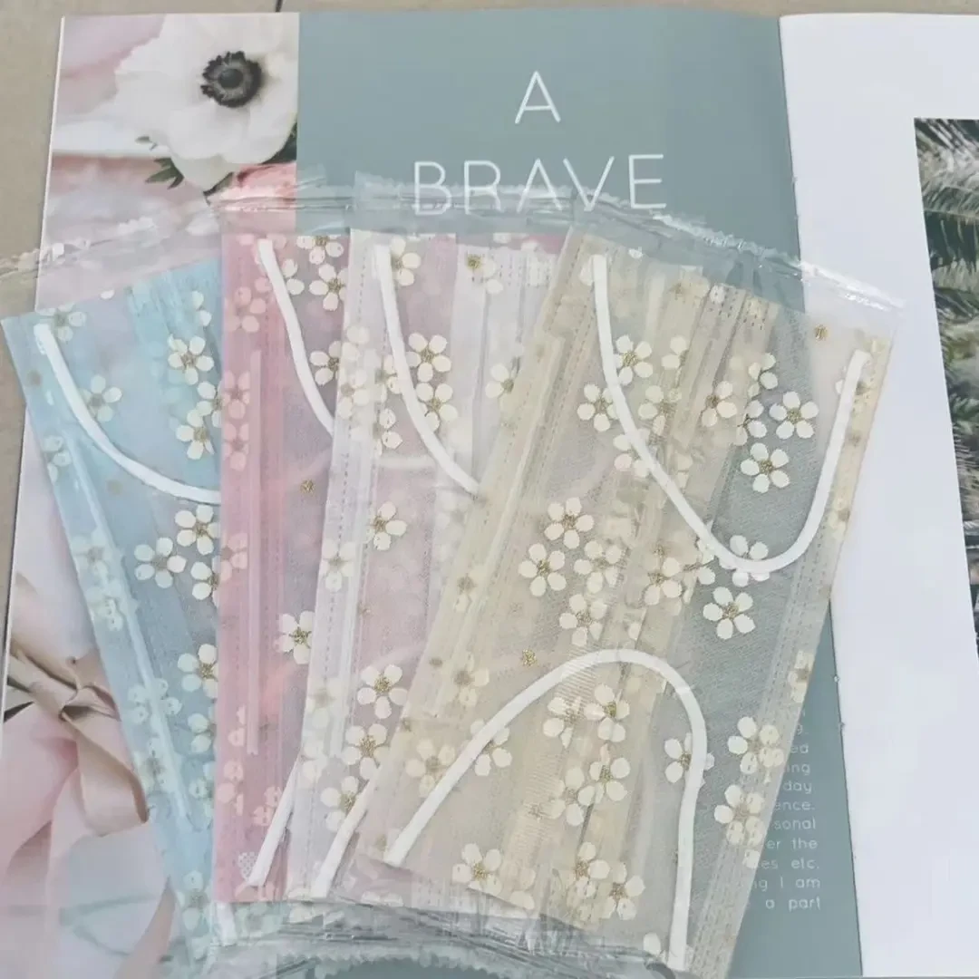 遮阳一次性二层网纱口罩一层网纱+1层布轻薄款浅黄色樱花可爱日用