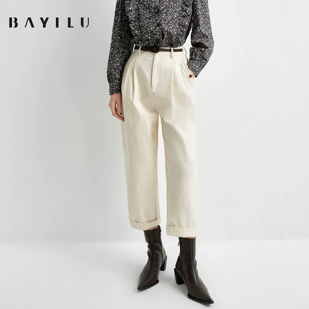 【女乔】芭依璐2025春季休闲裤女阔腿直筒通勤九分裤91K2014
