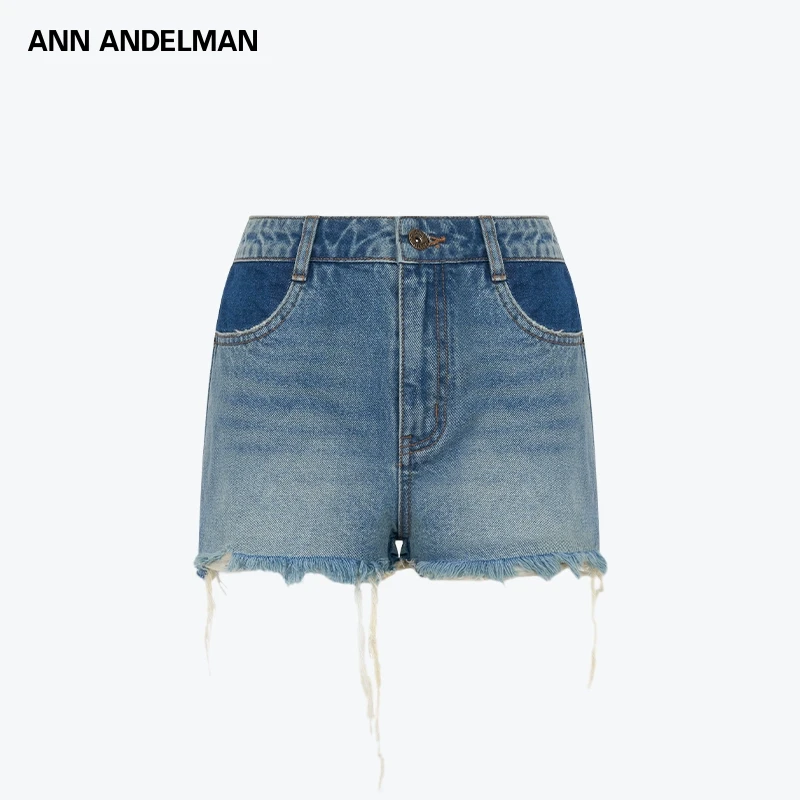 ANN ANDELMAN 蓝色复古牛仔短裤修身直筒猫须磨破水洗热裤