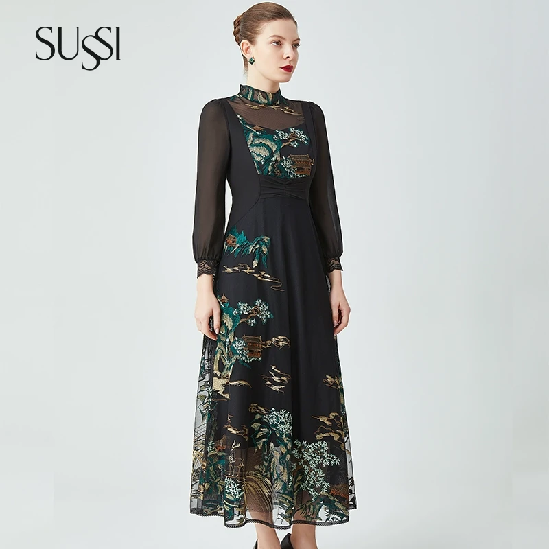 SUSSI/古色春季新品商场同款黑色刺绣立领连衣裙11AV1061671