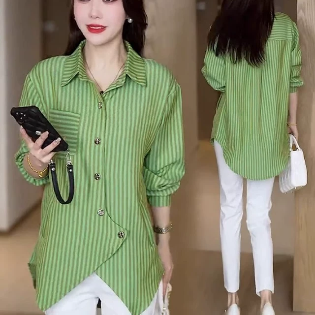 时尚设计感不规则长袖条纹衬衫女2025春秋新款宽松显瘦中长款上衣