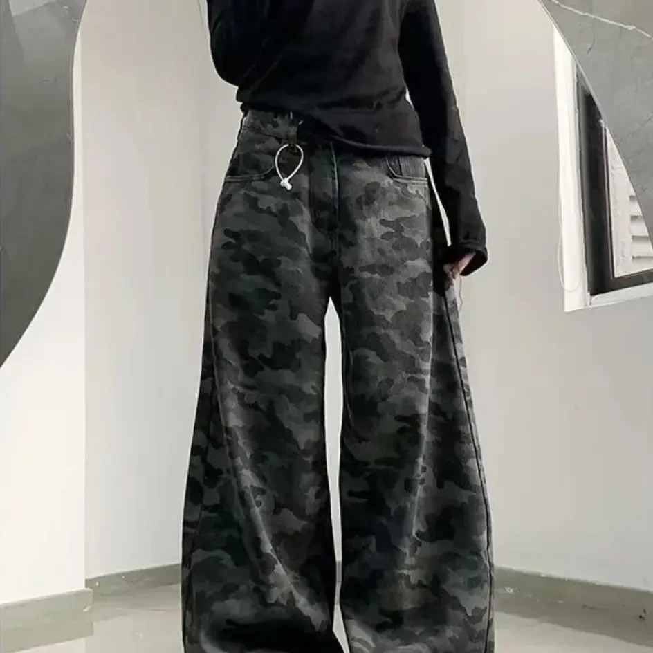 美式街头迷彩牛仔裤高腰宽松直筒工装阔腿拖地长裤女