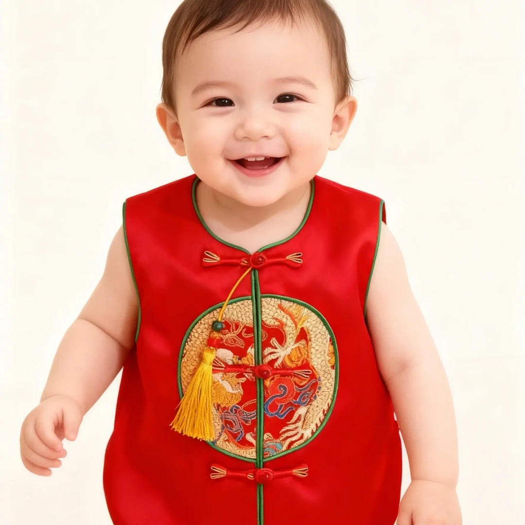 冬季国风马甲宝宝喜庆国潮新中式拜年服周岁服满月服唐装新年