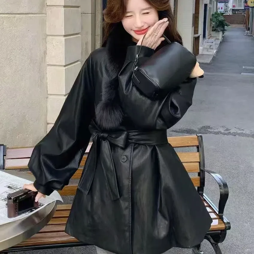 韩版狐狸毛领PU皮衣羽绒服女2025冬新款中长款系带收腰保暖外套