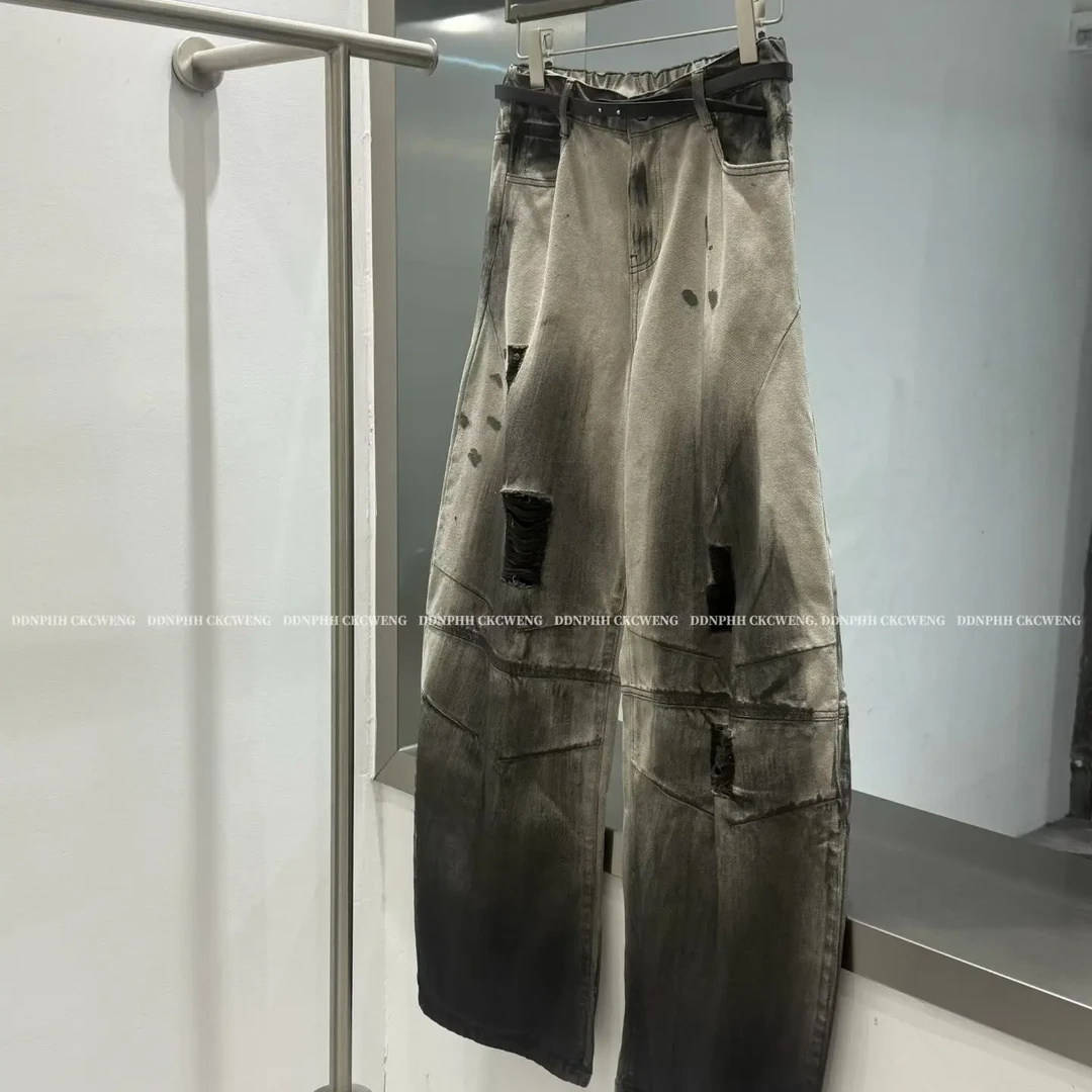 长裤做旧水洗破洞阔腿裤印花牛仔裤无弹百搭男渐变