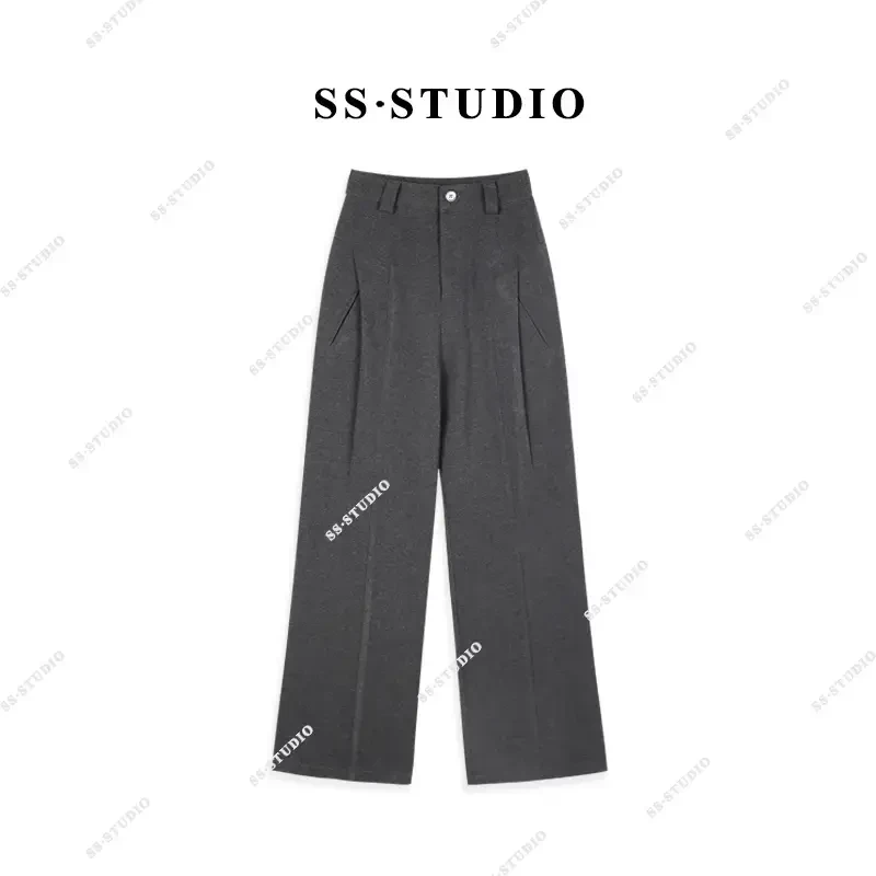 【SUSU】（配腰带）秋冬时尚百搭高腰显瘦宽松垂感加厚毛呢裤SS-3103