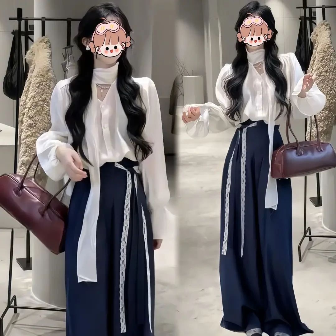 法式轻熟风时尚气质V领上衣洋气减龄喇叭袖衬衫女高腰显瘦阔腿裤