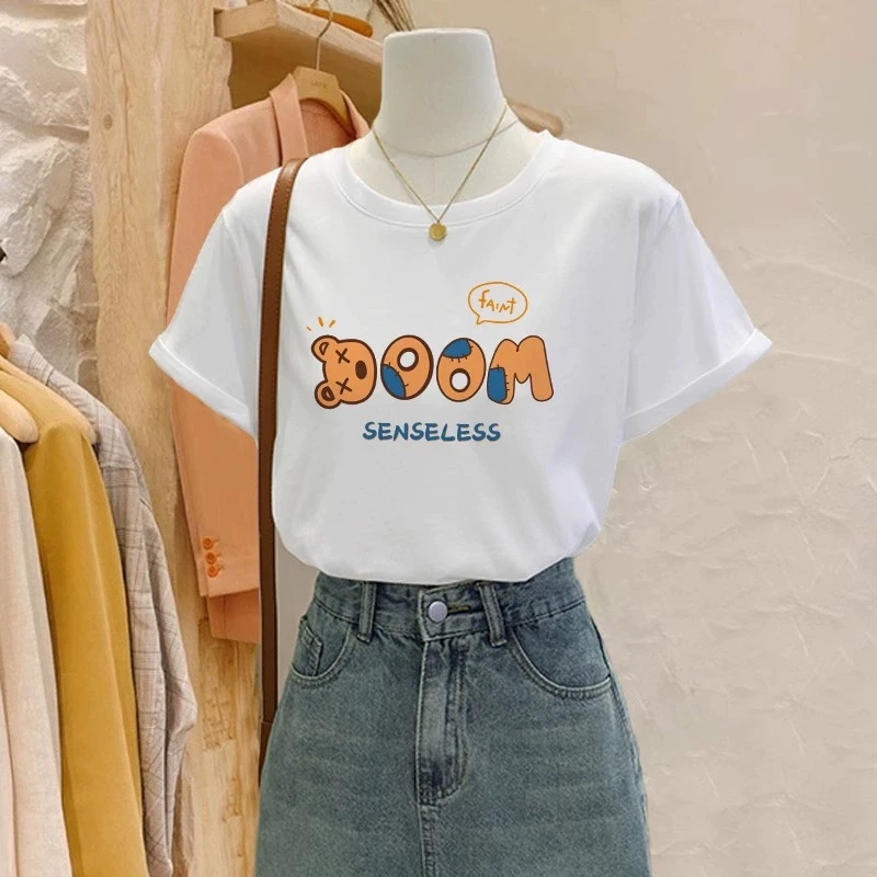 白色正肩短袖t恤女新款夏季纯棉宽松大码半袖小个子小众体恤衫ins