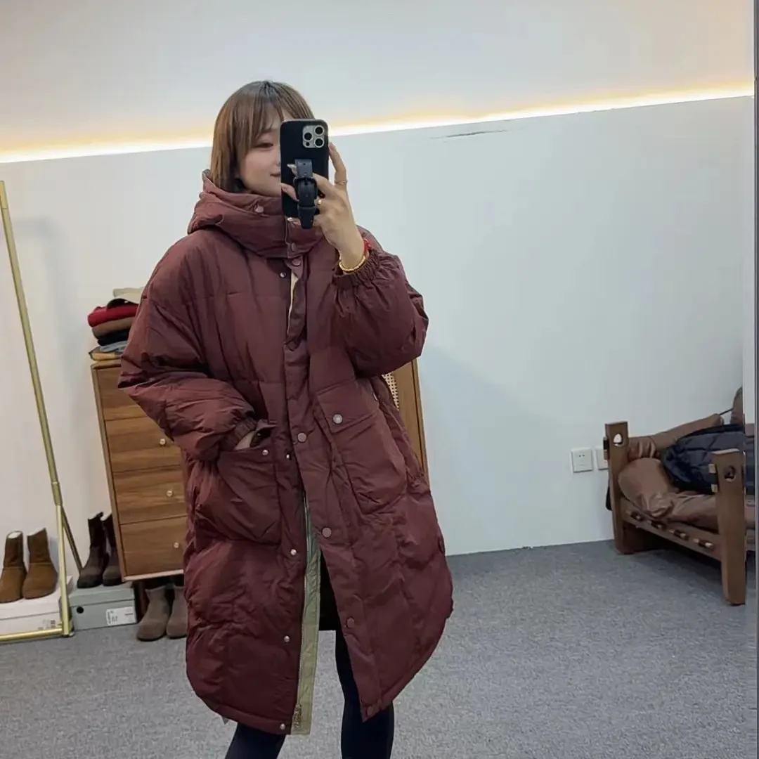 魏佳推荐-宽松连帽过膝长款拼色显瘦面包羽绒服2037