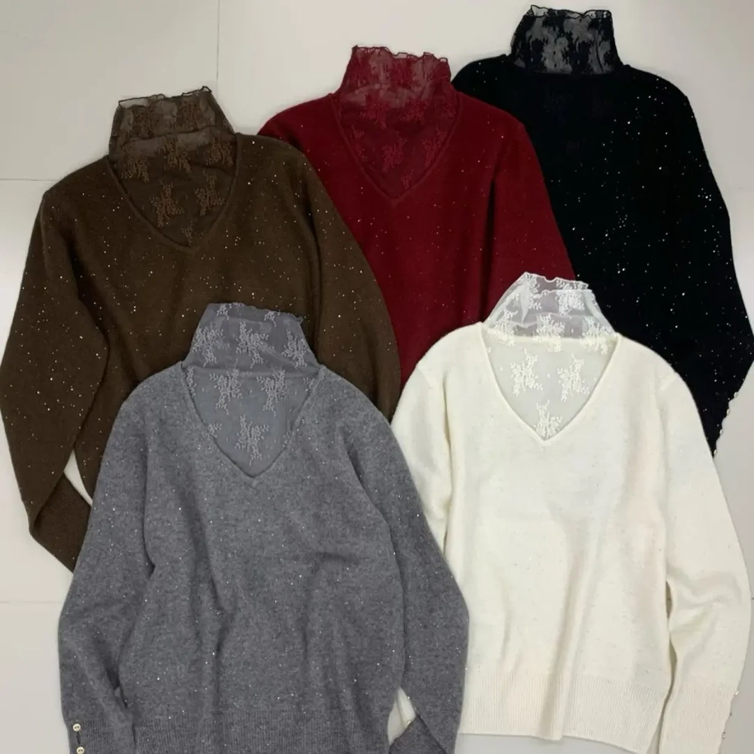 韩版蕾丝拼接假两件高领针织衫女秋冬新款修身显瘦打底衫上衣