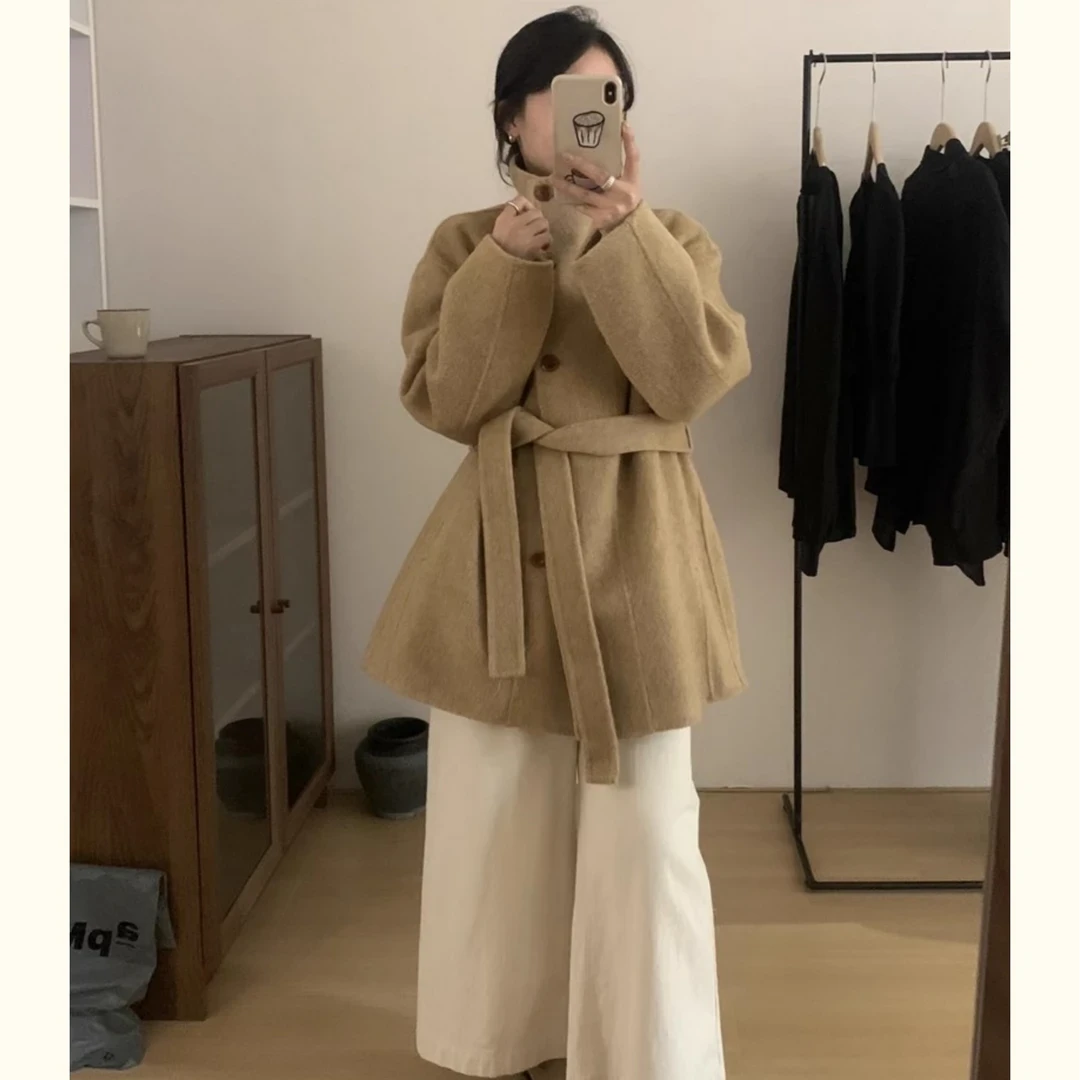 秋冬立领双面绵羊毛女中长款系带小个子温柔气质毛呢外套女MX2401
