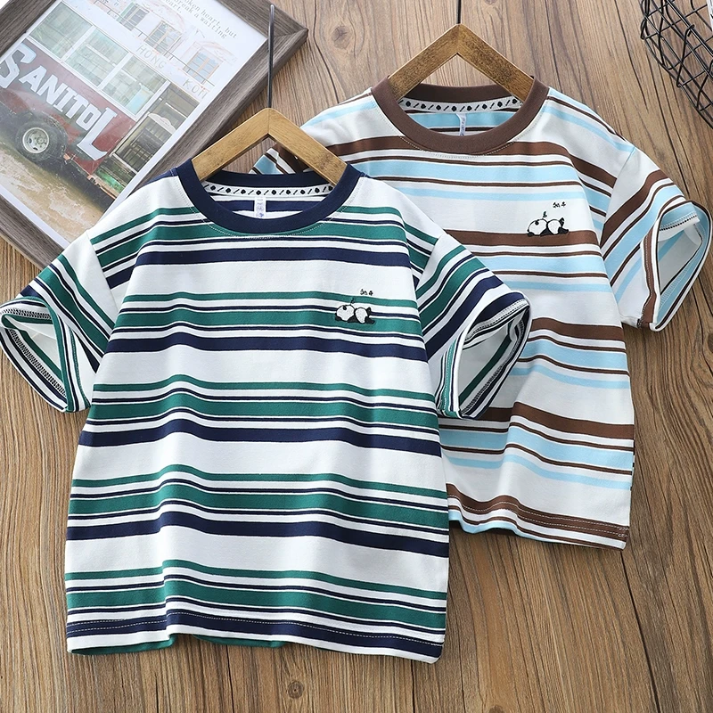 男童纯棉条纹短袖T恤夏季2025新款儿童刺绣薄款上衣中大童衣服潮