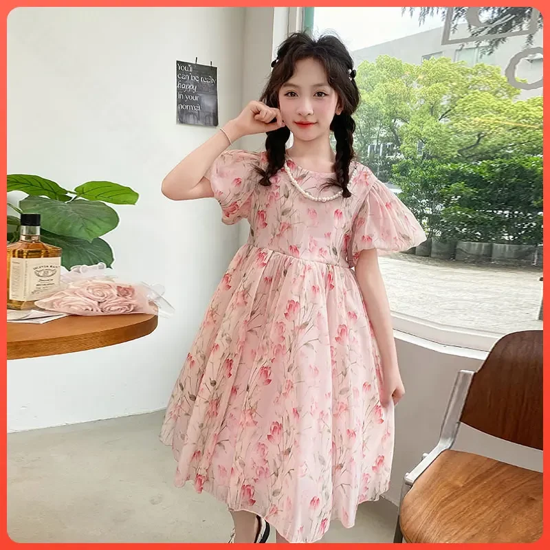 2025新款夏季粉色碎花连衣裙女童甜美公主裙百搭度假风裙子