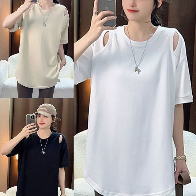 夏季新款宽松时尚百搭大码短袖T恤女中长款宽松显瘦纯色镂空上衣