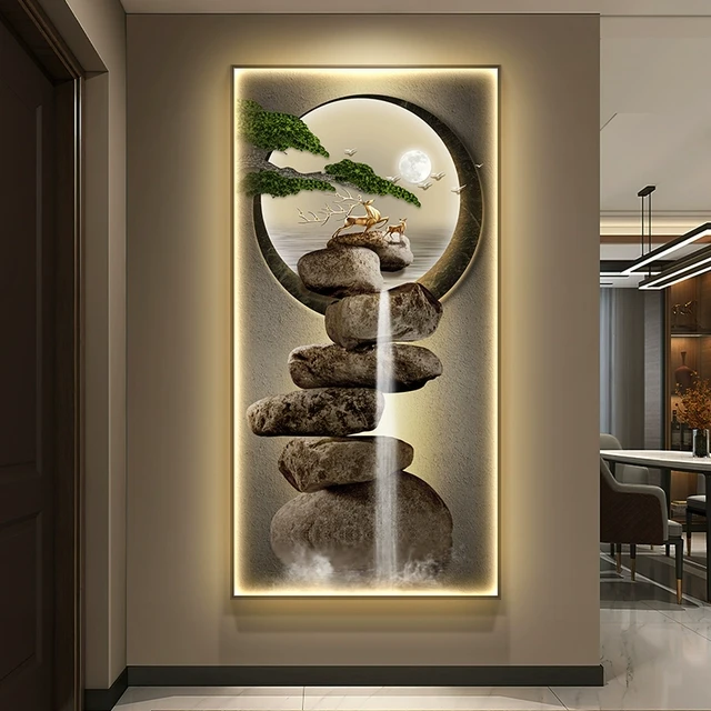 流水生财入户玄关装饰画走廊发光led灯竖版现代轻奢客厅过道挂画