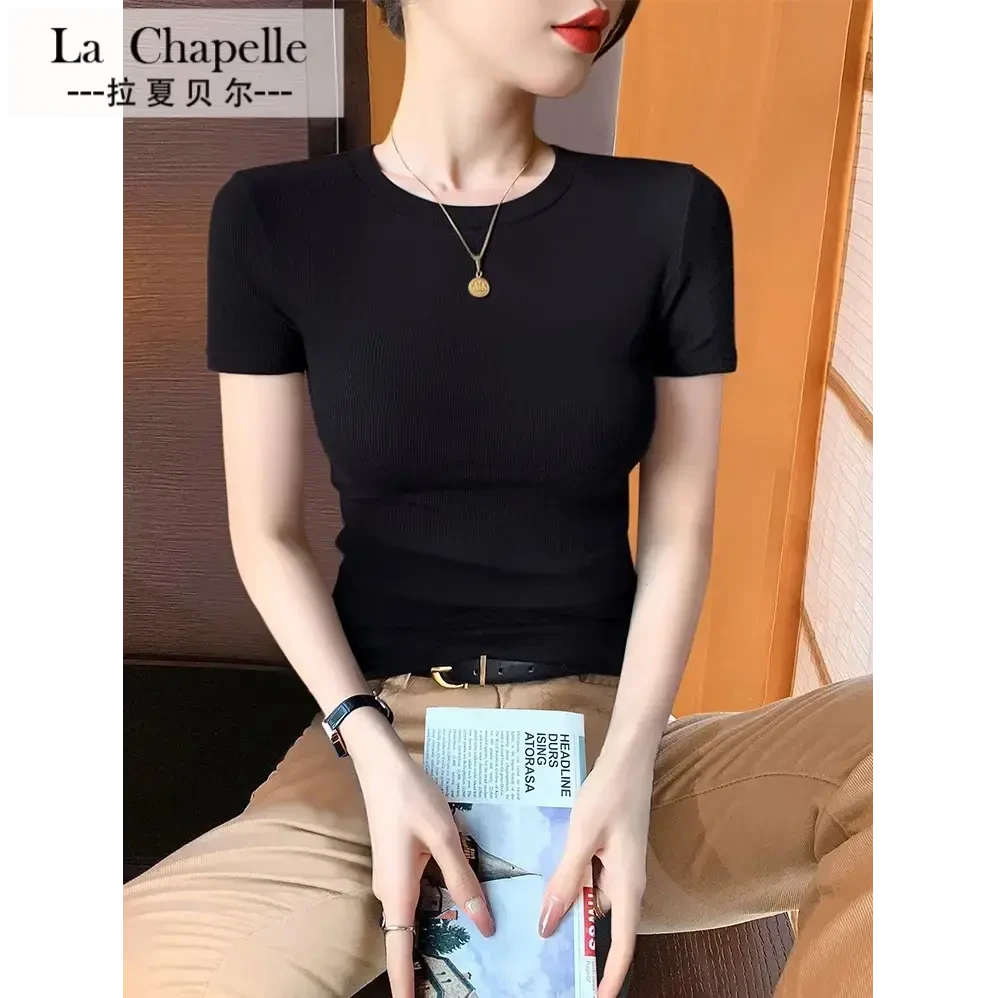 拉夏贝尔 黑色小圆领短袖T恤女2025新款夏季正肩半袖螺纹体恤打底