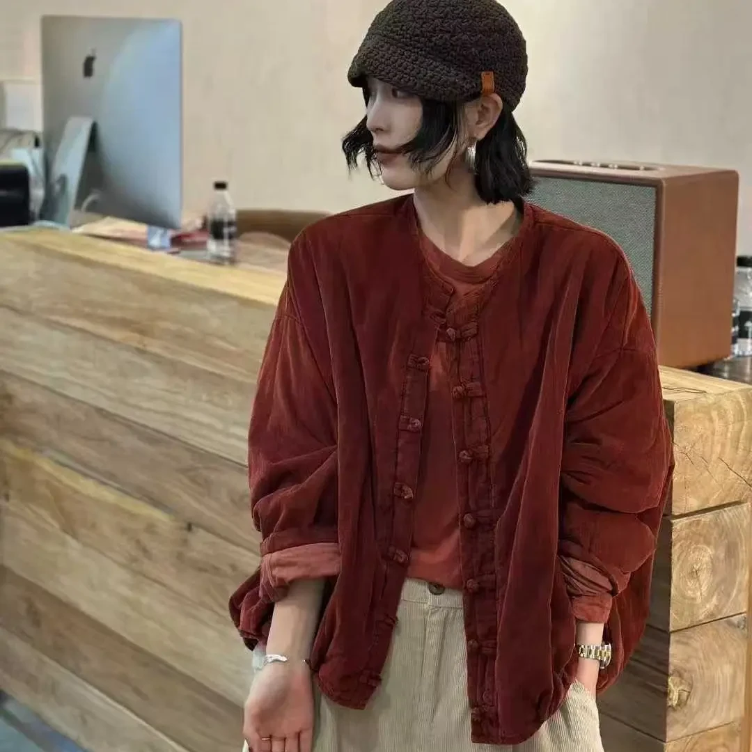 个性复古盘扣条绒夹棉圆领女秋冬季加厚保暖宽松短款棉服外套