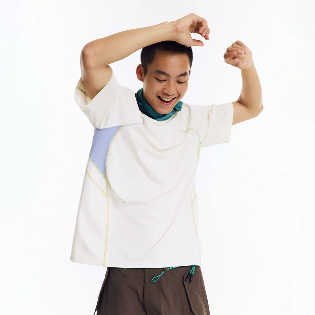 若屿NORYBRAND 不对称撞色明线运动短袖 户外通勤圆领T恤半袖tee