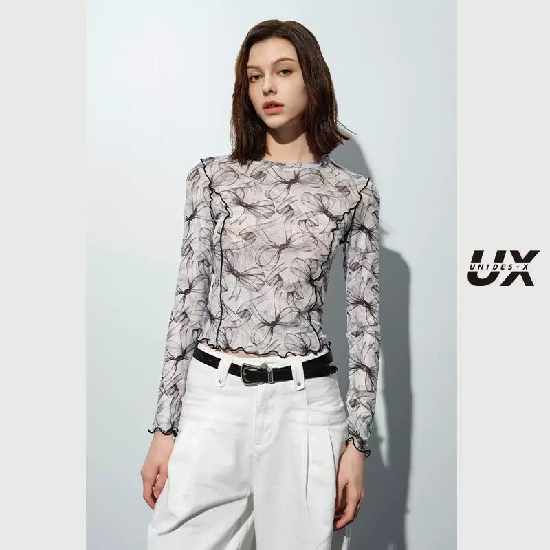 UX2025新款 圆领长袖蝴蝶结皮肤衣女 时尚通勤印花上衣 W