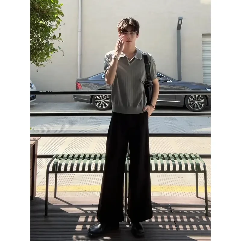 灰色手缝线短袖polo衫男夏季美式复古翻领T恤cleanfit高级感上衣