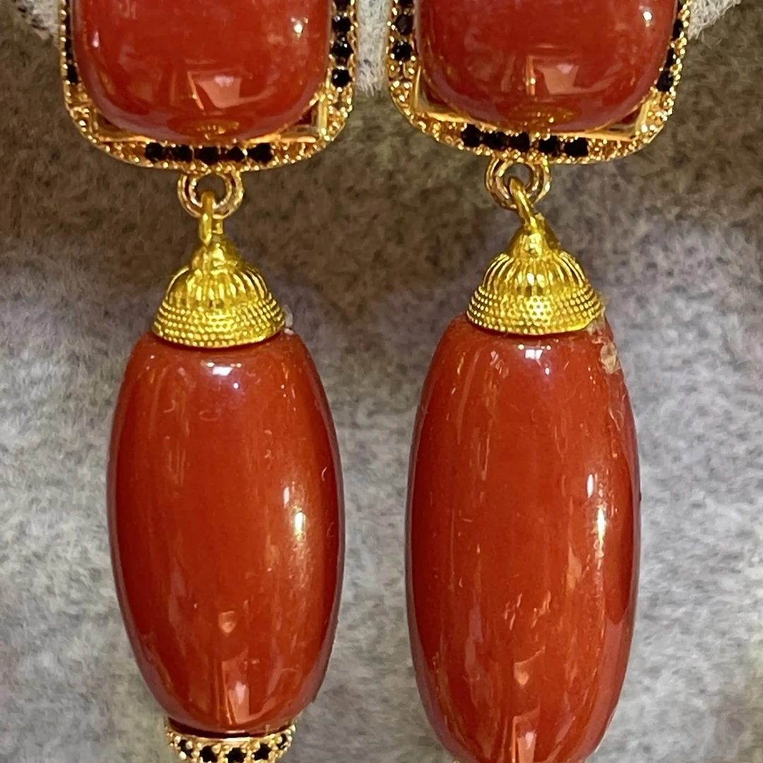 铜合金锆石耳饰 非金属阿卡红手工耳环新款金色感气质耳饰