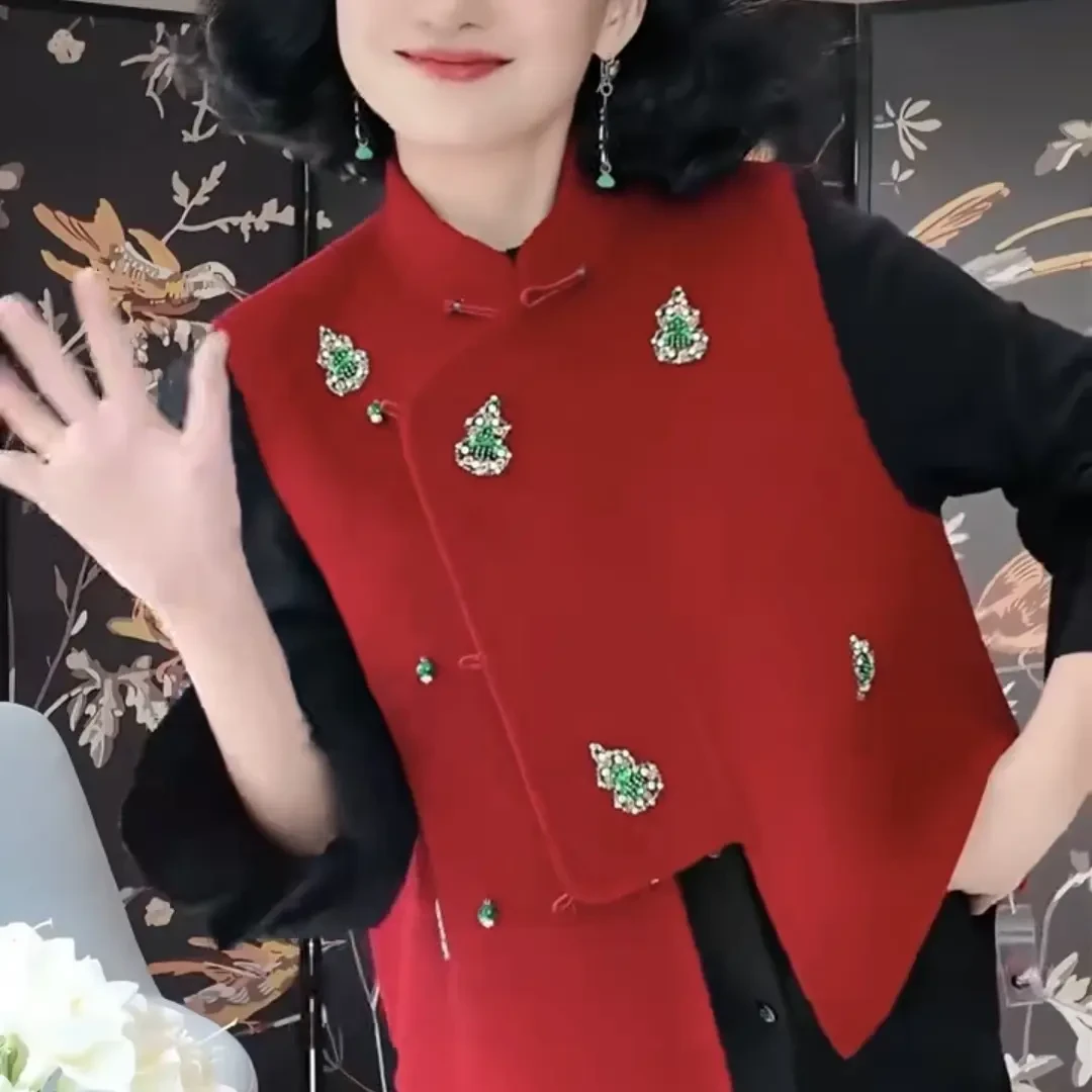 新中式国风加厚立领拼接马甲女秋冬外穿百搭时尚外套