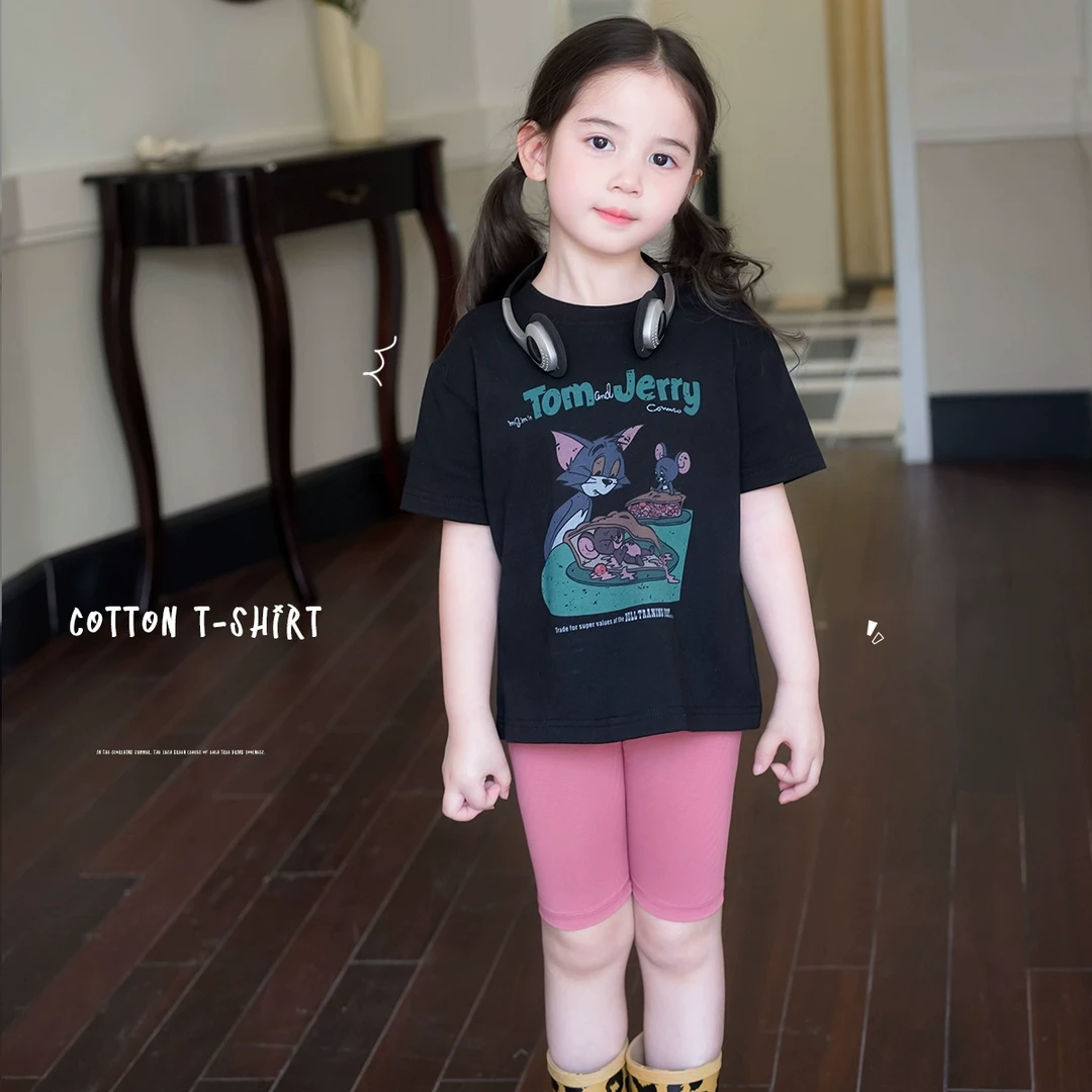 AnnieGirl夏季新款男女童卡通圆领纯棉印花T恤2025短袖休闲上衣