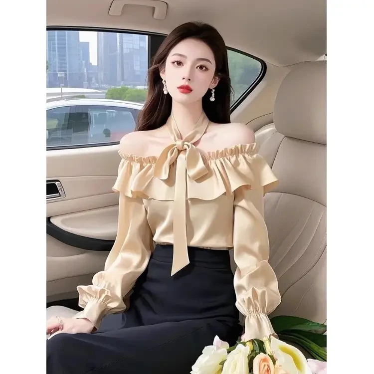 法式一字领露肩长袖衬衫女春季新款高级感荷叶边挂脖系带气质上衣