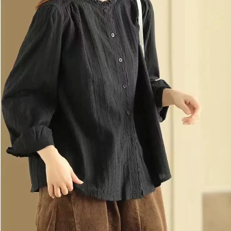 秋季新款文艺简约花边领长袖衬衫女亲肤舒适上衣3322