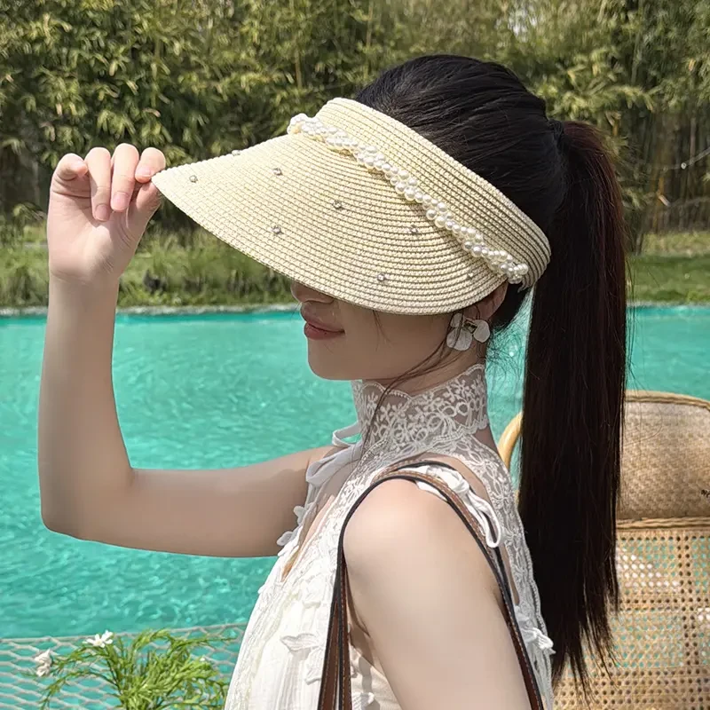 草帽沙滩海边大帽檐珍珠气质空顶防晒帽女防紫外线夏季遮阳太阳帽
