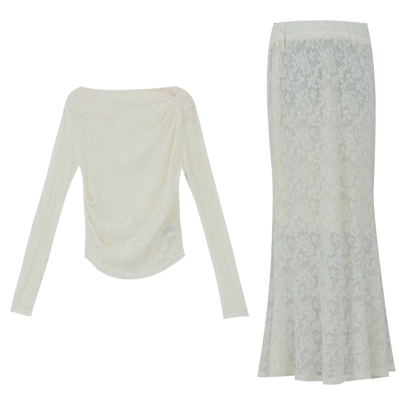 ABWEAR黑色蕾丝半身裙女春季长款气质一字肩修身显瘦两件套鱼尾裙