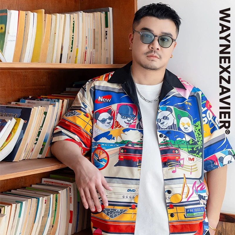 韦恩泽维尔宽松大码男夏古巴领撞色卡通印花音乐节度假风衬衫9192