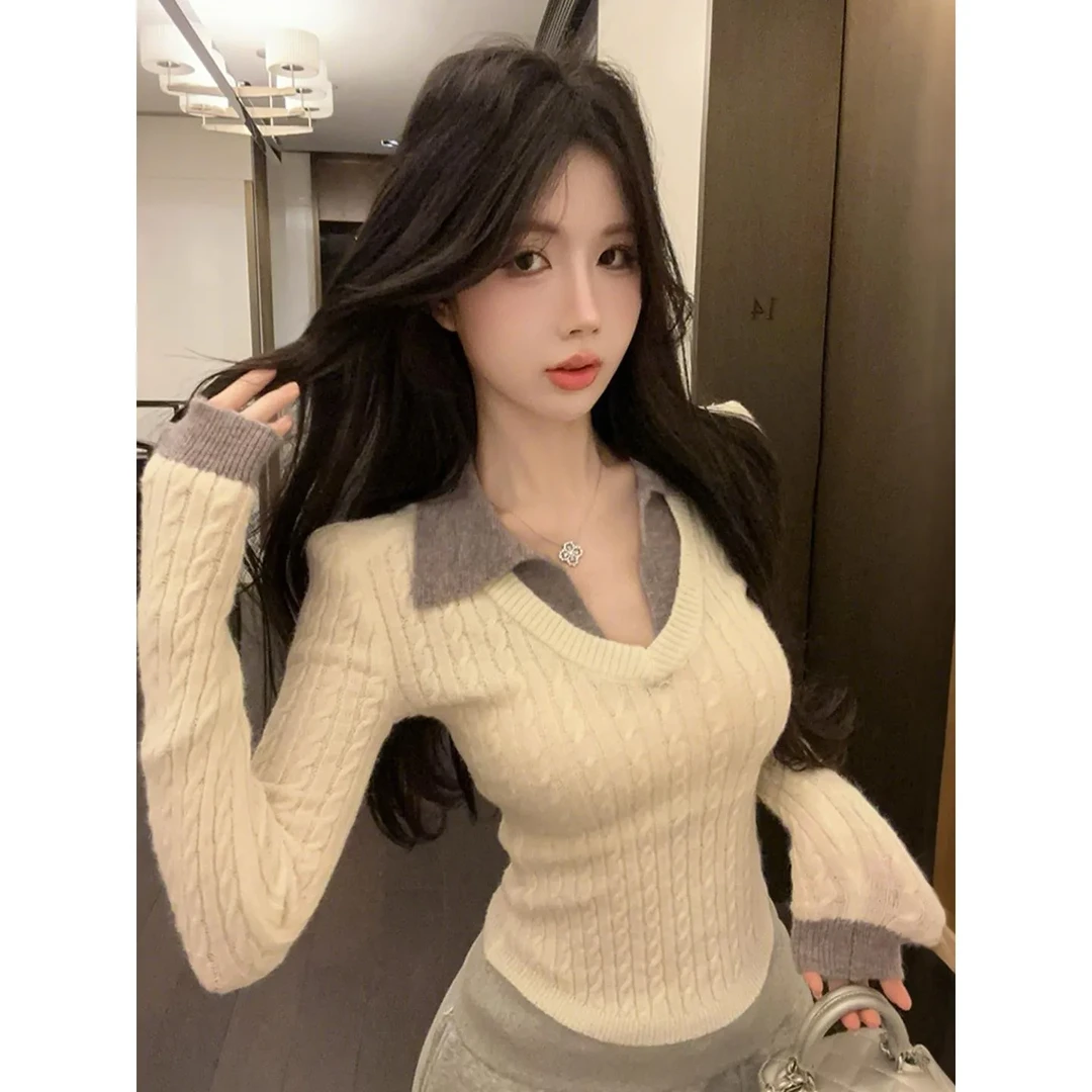 学院风假两件Polo领针织衫女秋冬纯欲v领上衣打底衫内搭麻花毛衣