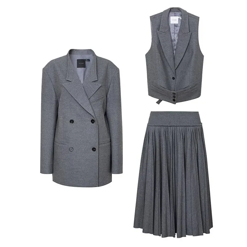 TOPCLOSET格雷系套装法式复古学院风西装/马甲超大摆百褶T24D6935
