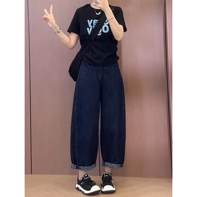大码复古深蓝色牛仔裤女夏季薄款胖mm宽松高腰显瘦直筒阔腿九分裤